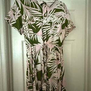 LOFT Green and Pink Leaf Print Mini Dress